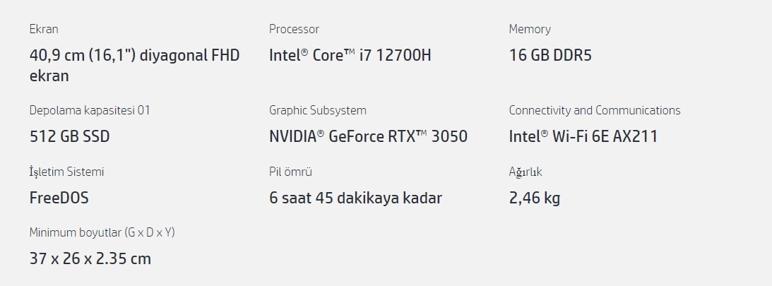 HP Victus 6G0E4EA 16-D1016NT Intel Core i7-12700H 16GB DDR5 512GB SSD RTX3050 4GB 16.1 inç 144Hz Full HD Freedos Gaming Laptop h7