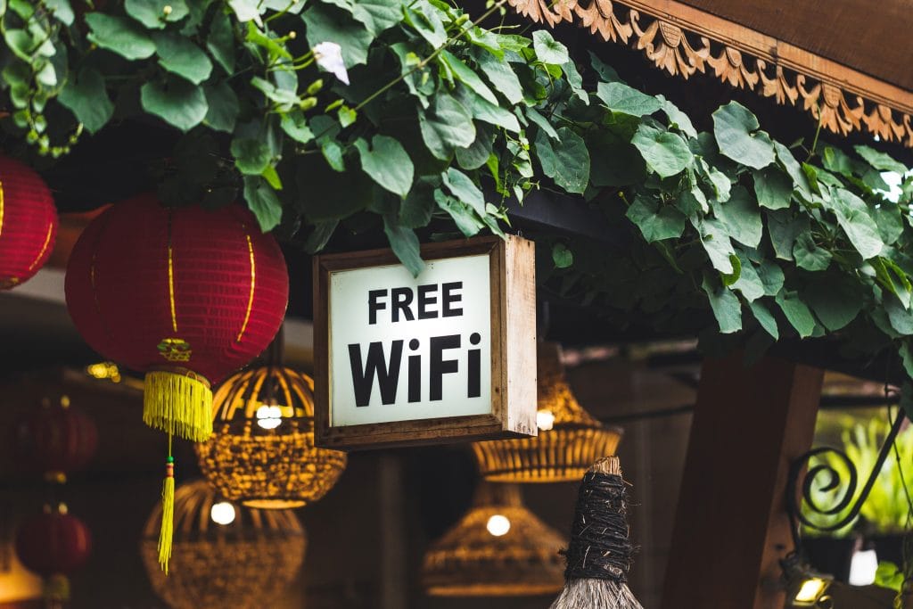 Free wi fi sign hanging in traditional chinese street restaurant