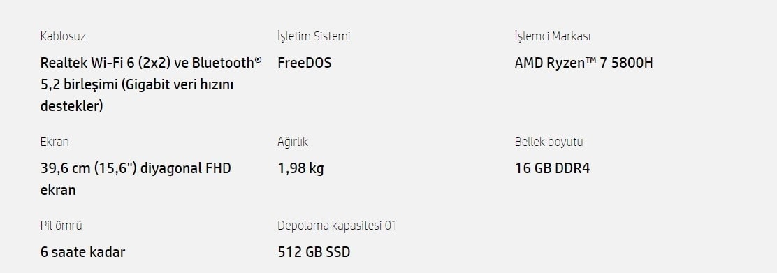 HP Pavilion 68N67EA 15-EC2051NT AMD Ryzen 7 5800H 16GB RTX3050Ti 512GB SSD 144 Hz FHD 15.6" Freedos Gaming Laptop h6