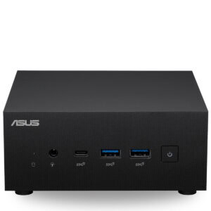 ASUS mini PC, çoklu bağlantı ve yüksek performanslı bilgisayar, şık ve kompakt tasarım, USB-C ve USB 3.0 portları, dahili ses giriş çıkışı ve güç düğmesi ile ofis ve ev kullanımı için ideal.