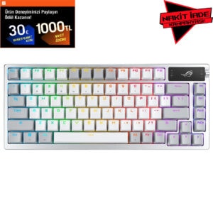 ROG Azoth NX Snow Switch RGB Kablosuz Mekanik Gaming Klavye, beyaz renkli, RGB aydınlatmalı, hot-swap özellikli, Türkçe Q klavye düzeni, yüksek performans ve şık tasarım.