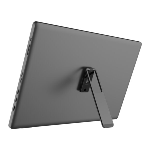 Güçlü ve şık dizüstü bilgisayar arka taraftan görünüm, ince tasarım ve hareketli stand detaylarıyla modern teknoloji ürünü.