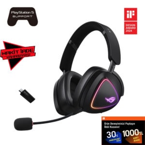 ASUS ROG Delta II Siyah kablosuz oyun kulaklığı, yüksek ses kalitesi ve konfor sunar, RGB aydınlatmalı tasarımıyla dikkat çeker, oyun ve eğlence için ideal.
