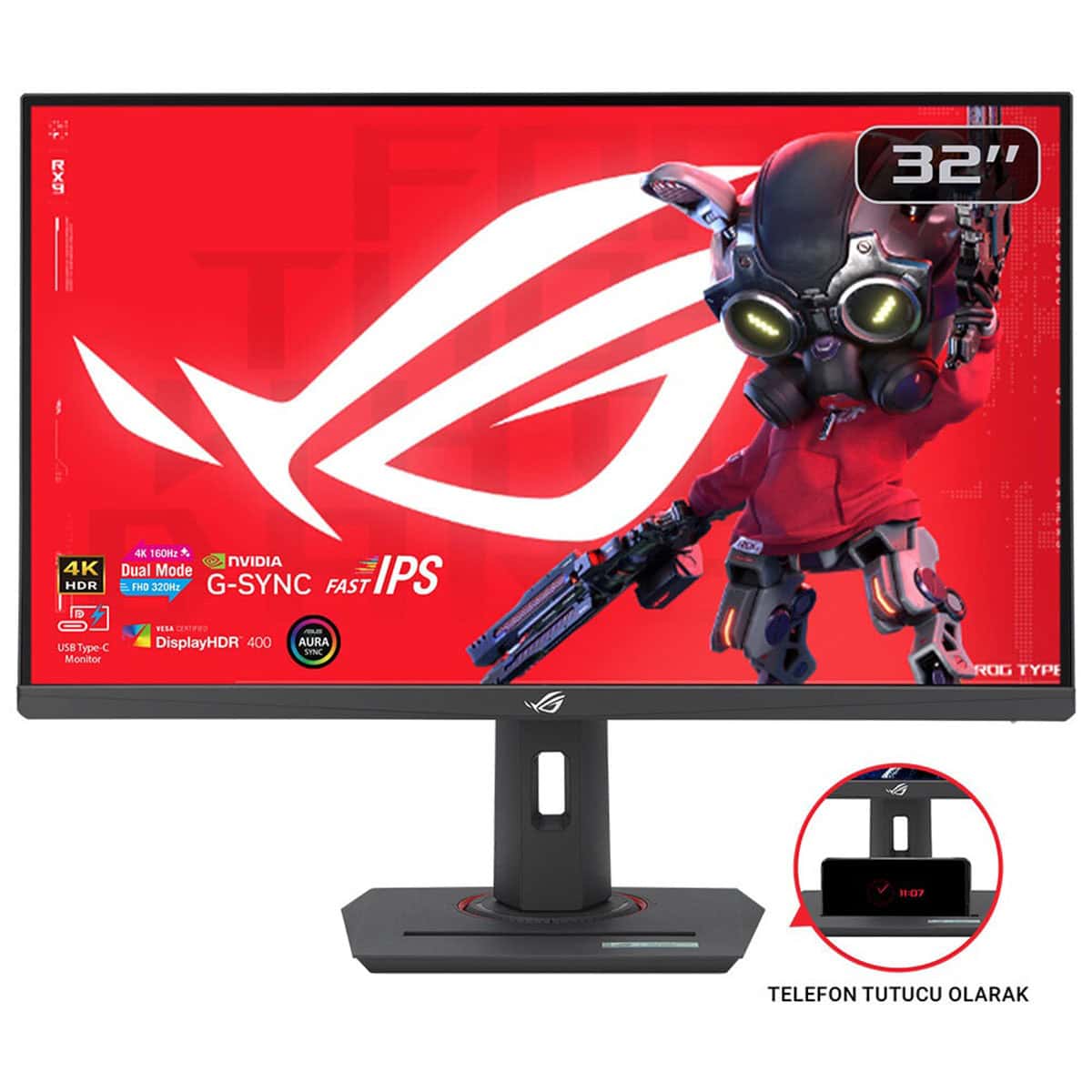 Yüksek çözünürlüklü 32 inç oyuncu monitörü, NVIDIA G-SYNC, 4K HDR ve IPS ekran özellikleriyle kaliteli oyun deneyimi sunar. Monitör üzerinde telefon tutucu ve USB Type-C bağlantısı bulunur.