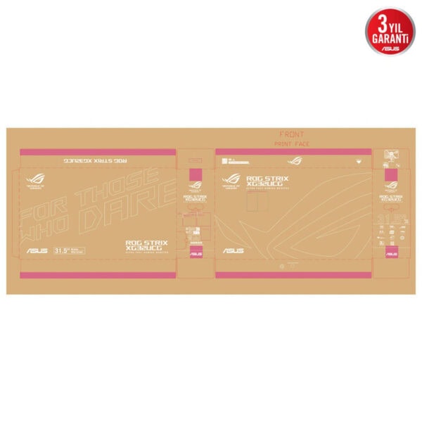 Kullanım için tasarlanmış ASUS ROG Strix XG32UG model monitör sticker ve ambalaj tasarımı; yüksek çözünürlük, oyun özellikleri ve ASUS garantisi vurgulanmıştır.