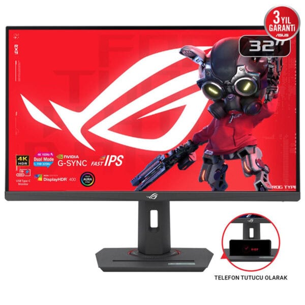 1440x1440, Beyaz ve kırmızı renkli ASUS ROG TN32AAM Monitör, 32 inç 4K HDR, IPS ekran, NVIDIA G-SYNC, Dual Mode, DisplayHDR 400, USB Type-C, AURA SYNC, yüksek performanslı gaming monitörü.