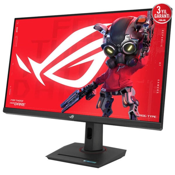 Yüksek çözünürlüklü oyun monitörü, kırmızı temalı grafik ve gösterişli robot karakter ile güçlü performans ve görsel kalite sunar.