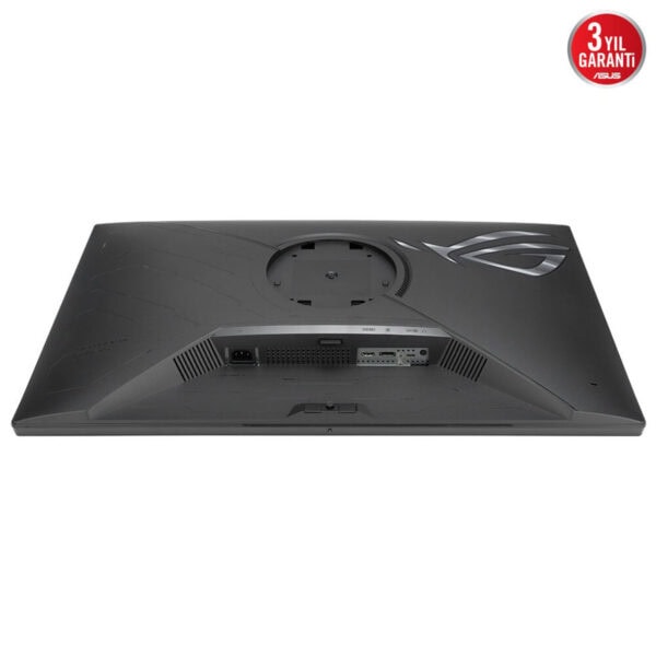 Yüksek çözünürlüklü oyun monitörü arka görünüm, HDMI ve DisplayPort bağlantıları, güçlü soğutma sistemi ve ASUS ROG logosu ile oyun ve profesyonel kullanım için ideal.