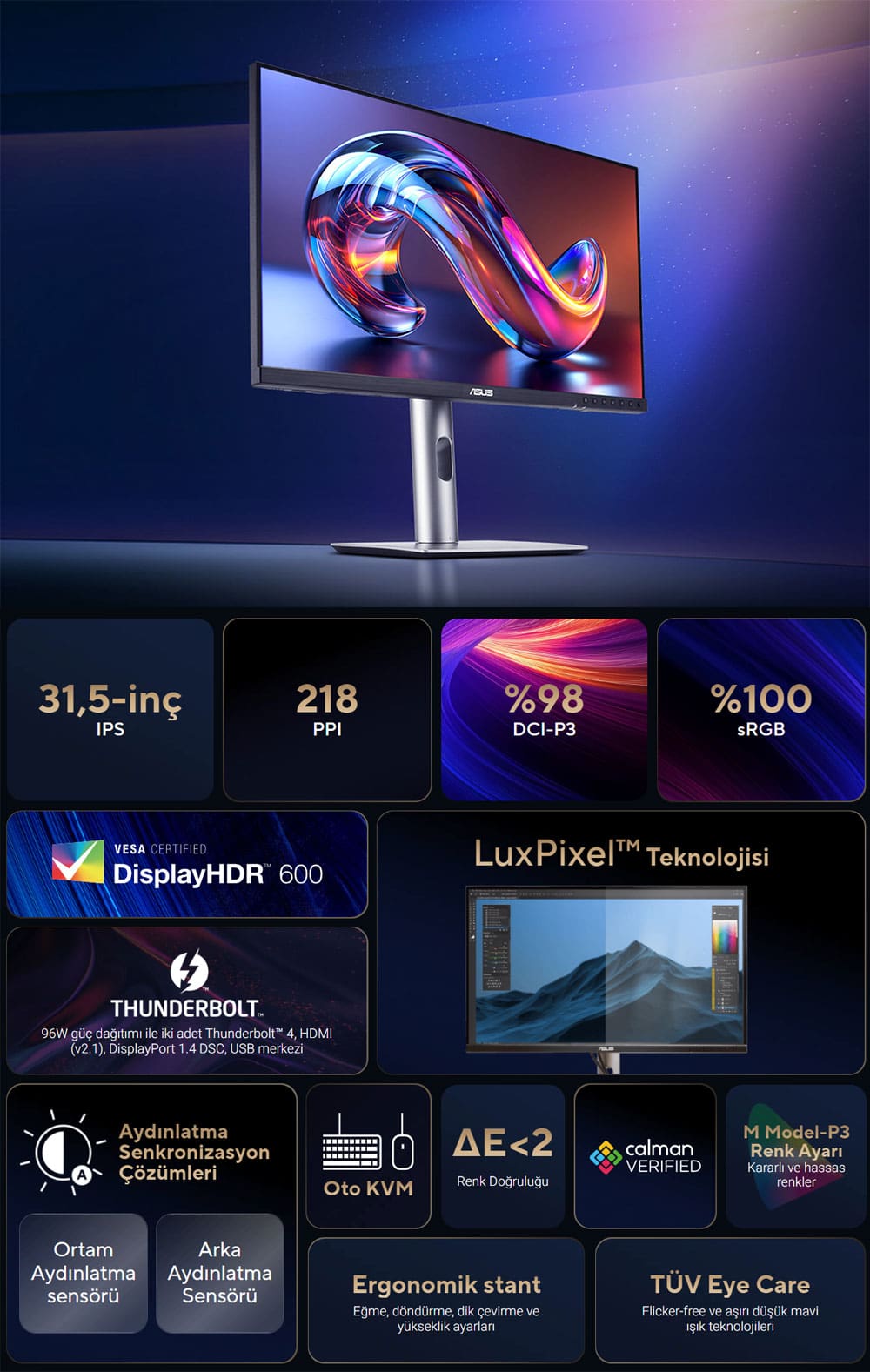 ASUS ProArt PA32QCV 31.5 inç 6K UHD IPS Monitör, 60Hz yenileme hızı, 5ms tepki süresi ve Adaptive Sync teknolojisi ile renk doğruluğu ve detaylar için ideal.