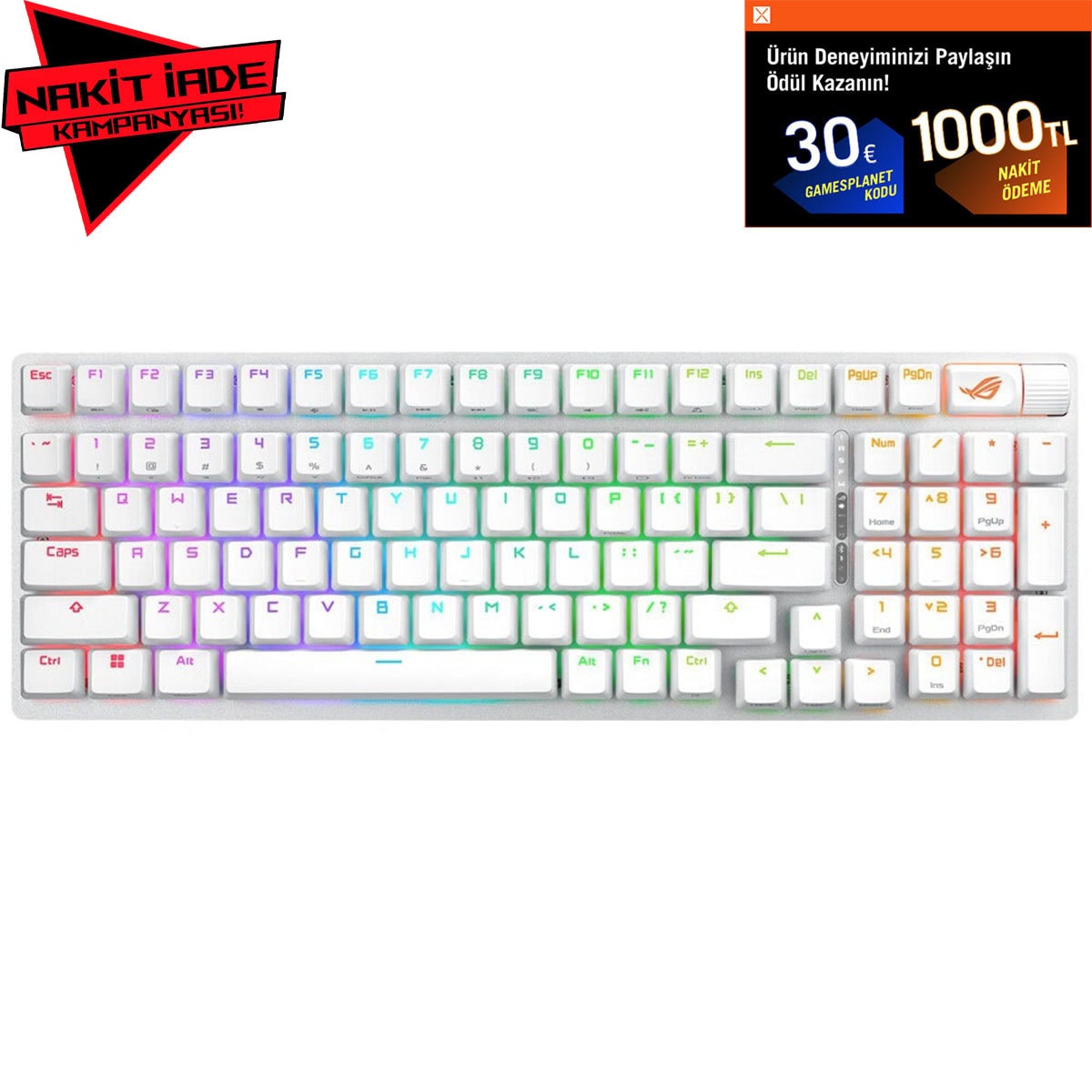 ASUS ROG Strix Scope II 96 NX Snow Switch RGB kablosuz mekanik gaming klavye, beyaz renkli, hotswap özellikli, RGB aydınlatmalı ve yüksek performanslı oyun deneyimi sağlar.