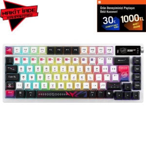ASUS ROG Azoth X NX Snow RGB kablosuz mekanik gaming klavye, Hotswap özellikli, Türkçe Q klavye düzeni, renkli aydınlatma ve yüksek performans sunar.