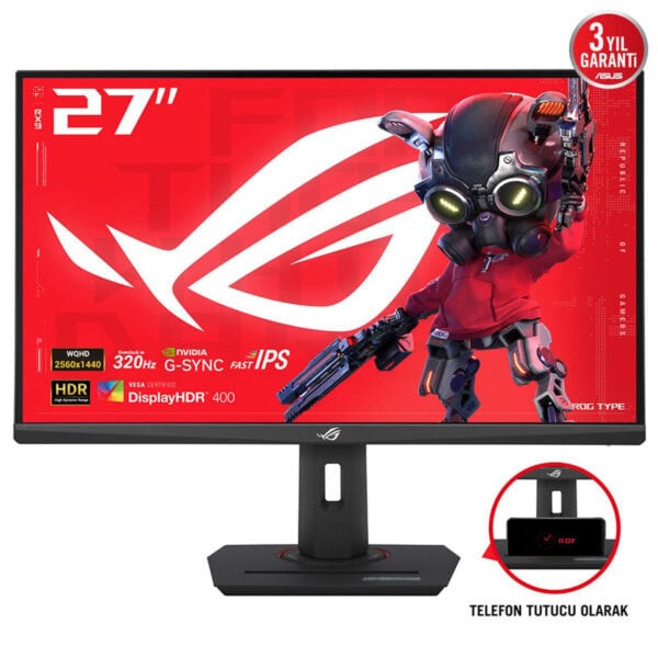 Görüntü, ASUS ROG ekran monitörü, 27 inç büyüklüğünde, yüksek çözünürlük ve oyun için optimize edilmiş özellikler ile detaylandırılmış, telefon tutucu entegre edilmiş ergonomik tasarımıyla dikkat çekiyor.