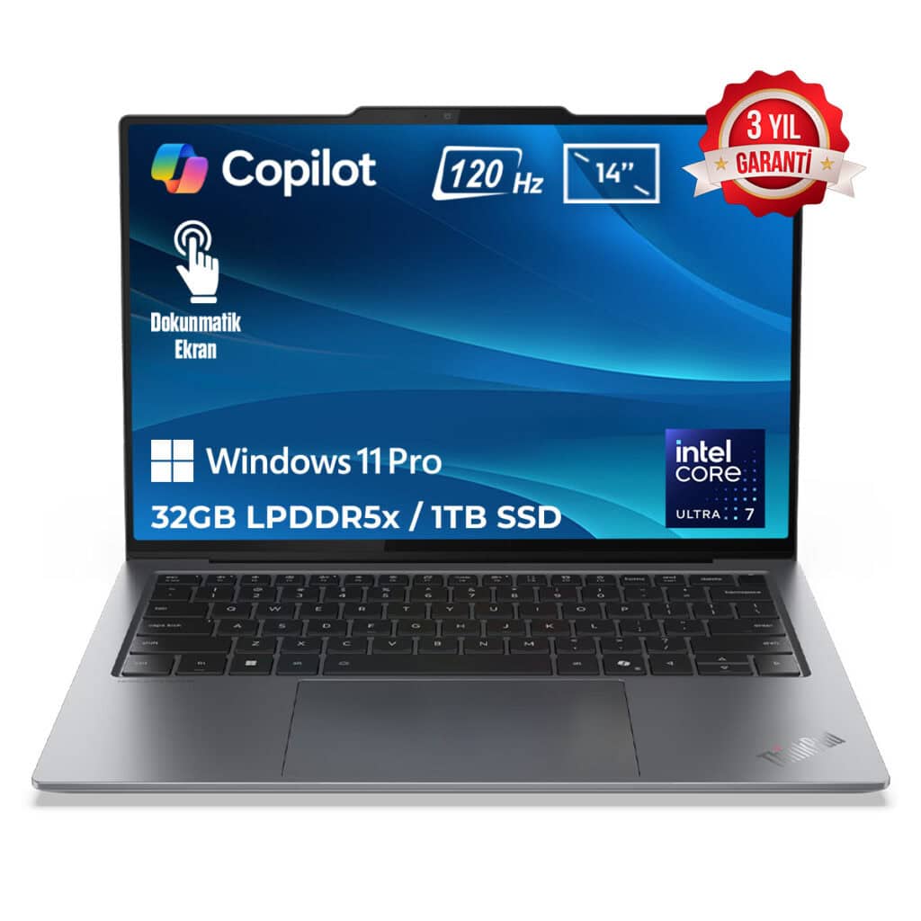Görselde, Lenovo ThinkPad dizüstü bilgisayar şık ve modern tasarıma sahip, 14 inç dokunmatik ekran ve Windows 11 Pro işletim sistemi ile yüksek performans sağlar. 32GB LPDDR5x RAM, 1TB SSD depolama ve Intel Core i7 işlemci ile üstün hız ve verimlilik sunar. 120Hz ekran yenileme hızı ve 3 yıl garanti ile güvenilirlik sağlar. Profesyonel kullanım ve günlük işler için uygun, taşınabilir ve şık dizüstü bilgisayar modeli.