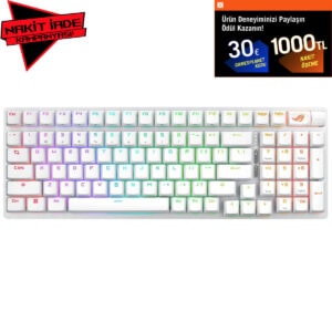 ASUS ROG Strix Scope II 96 Beyaz NX Snow Switch RGB Kablosuz Mekanik Gaming Klavye, yüksek performans ve şık tasarımıyla oyun deneyiminizi artırır. Hotswap özelliği ve RGB aydınlatmasıyla kişiselleşti.