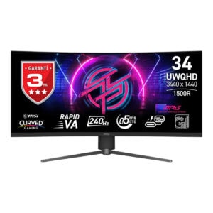 MSI MPG 346CQRF X24 34 inç 240Hz UWQHD kavisli oyun monitörü, 0.5ms tepki süresi ve Adaptive Sync teknolojisi ile yüksek performans sağlar.