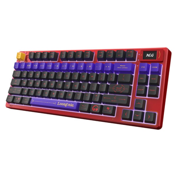 Kırmızı renkli, RGB aydınlatmalı gaming klavye, mekanik tuşlar ve özellikli tasarımıyla yüksek performans ve şıklık sunar, oyuncular ve ofis kullanıcıları için ideal.