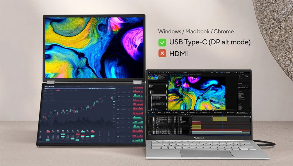 Yüksek çözünürlüklü ekranlı dizüstü bilgisayar ve harici ekran, oyun ve grafik tasarım için ideal, USB Type-C bağlantısı ve HDMI desteği ile yeni nesil teknolojik ürünler.