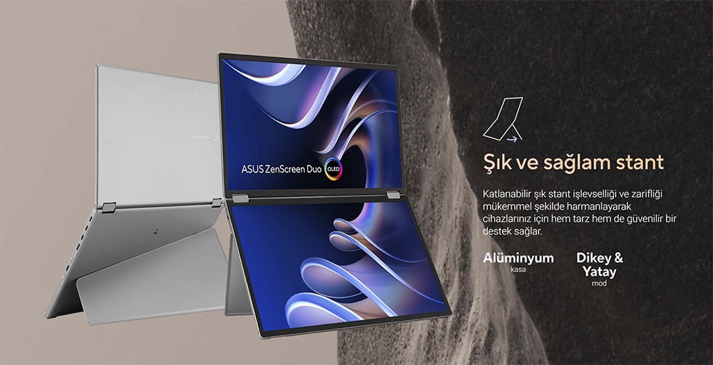 Çok yönlü ASUS ZenScreen Duo OLED taşınabilir ekran, yüksek çözünürlüklü ve taşınabilir tasarımıyla ofis ve oyun deneyiminizi artırır.
