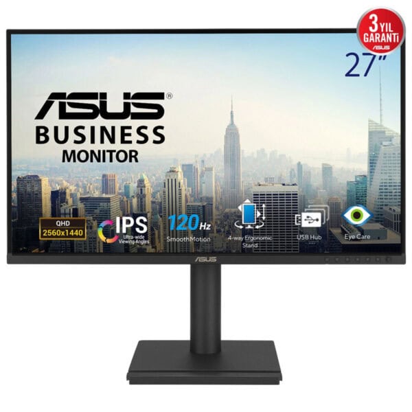 Yüksek çözünürlüklü Asus Business monitör, 27 inç QHD ekran, IPS panel, 120Hz yenileme hızı ve ergonomik stand özellikleriyle ofis ve iş kullanımı için ideal.