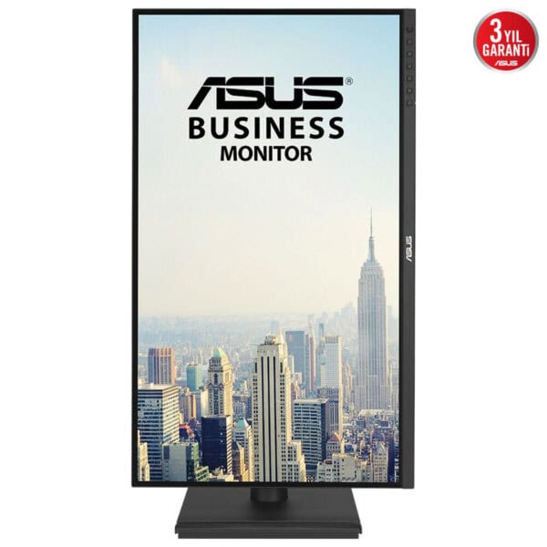 Ürün geniş ekran monitör, siyah çerçeve ve şık tasarım, ofis ve profesyonel kullanım için ideal, yüksek çözünürlük ve renk doğruluğu, ASUS markalı business monitor, modern şehir manzarası görüntüsü.