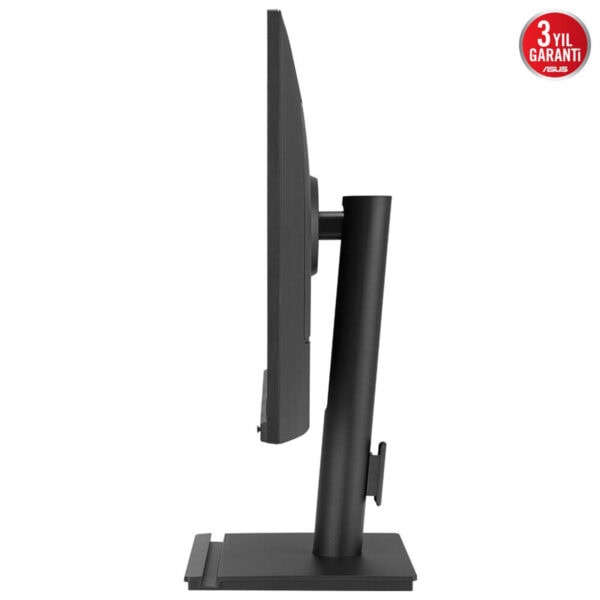 Dik açıdan gösterilen siyah bilgisayar monitörü, ergonomik ayak ve ayarlanabilir tutucu ile modern tasarım. Ofis ve oyun kullanımı için ideal, yüksek çözünürlüklü ekran özellikleriyle dikkat çeker.