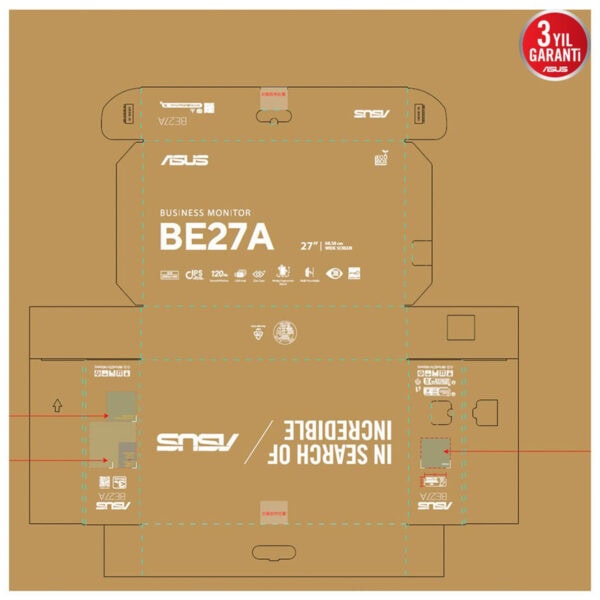 Geniş 27 inçlik ASUS Business Monitor kutu tasarımı, ürün özellikleri ve garanti bilgileriyle profesyonel çalışma ortamları için ideal. Çocuk koruma ve enerji tasarrufu özellikleri ön planda.