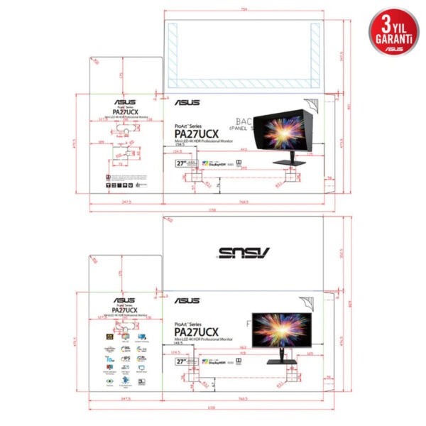Yüksek çözünürlüklü ASUS ProArt 27 inç 4K HDR profesyonel monitör teknik çizimi, detaylı ölçümler ve montaj bilgileri ile görsel ve grafik tasarım, fotoğraf ve video düzenleme için idealdir.