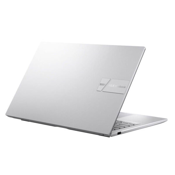 Metalik gümüş renkli Asus VivoBook dizüstü bilgisayar, ince ve modern tasarım, yüksek performans ve taşınabilirlik için ideal.