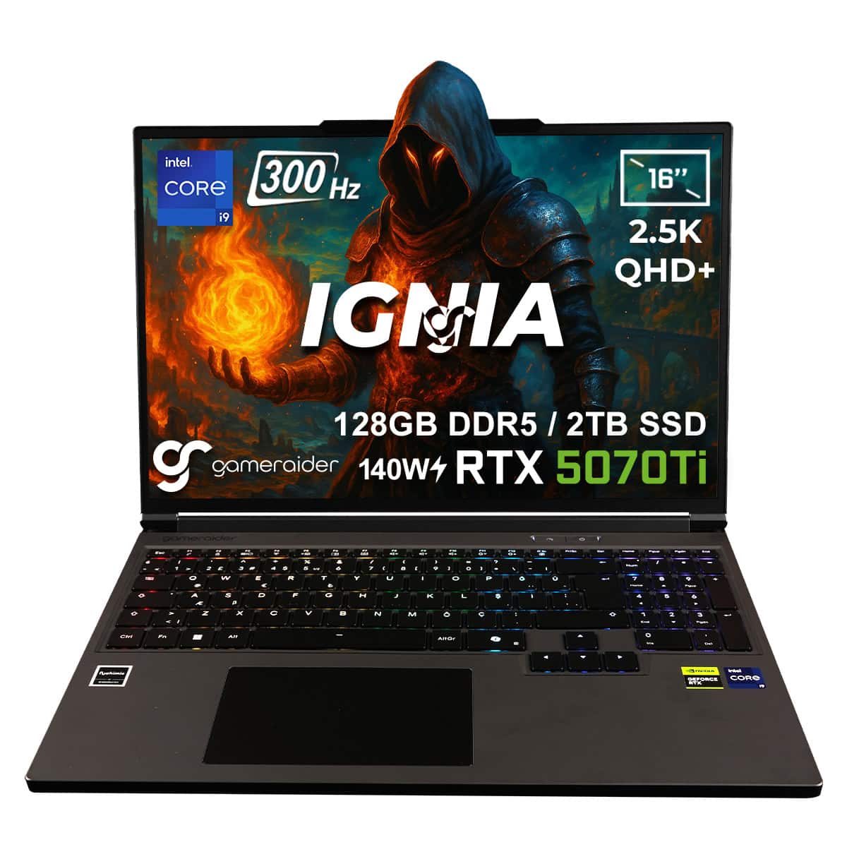 Gamer odaklı yüksek performanslı dizüstü bilgisayar, RTX 5070Ti ekran kartı, 128GB DDR5 RAM, 2TB SSD ve 16 inç QHD+ ekran ile oyun ve profesyonel kullanım için ideal.