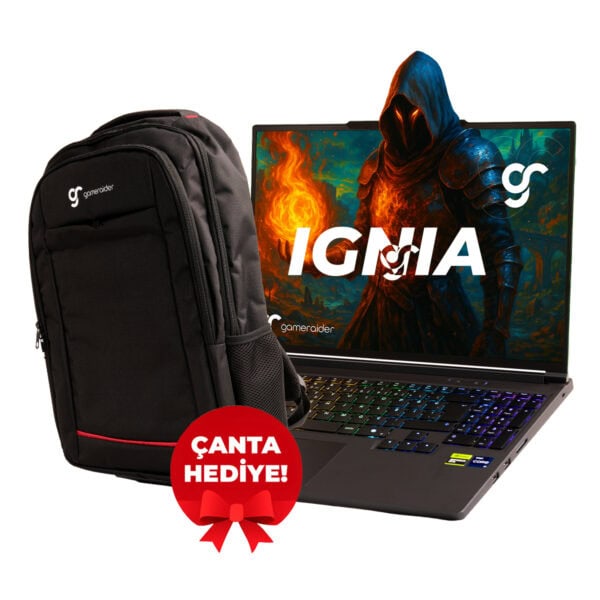 Yüksek performanslı oyun dizüstü bilgisayarı ve hediye sırt çantası ile IGNA Gamerider markası. RGB aydınlatmalı klavye ve güçlü grafik özellikleriyle oyun tutkunlarına özel tasarım.