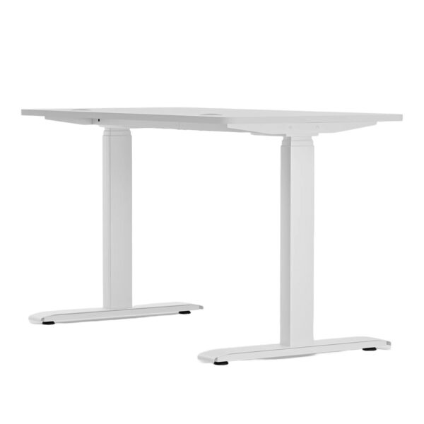 Yükseltilebilir ve ayarlanabilir beyaz çalışma masası, ofis ve ev ortamları için ergonomik ve modern tasarım, dayanıklı yapı ve geniş çalışma alanı.