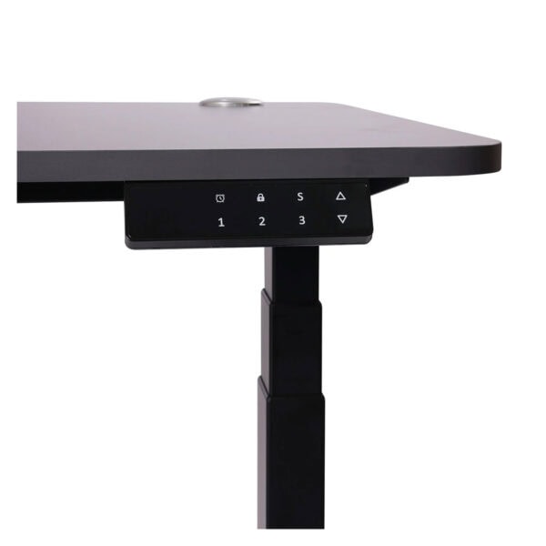 Yüksek teknolojili ayarlanabilir bilgisayar çalışma masası, dijital ekran ve çeşitli kontrol düğmeleri ile ergonomik ve modern tasarım. Ofis ve ev kullanımı için uygun.