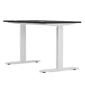 Çalışma masası, ayarlanabilir yükseklik ve modern tasarım, ev ve ofis kullanımı için ergonomik ve dayanıklı ofis mobilyası. Siyah masa yüzeyi ve beyaz ayaklı detaylar.