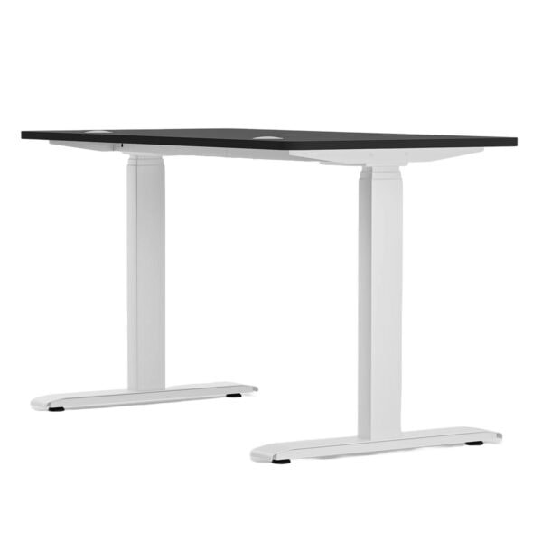 Çalışma masası, ayarlanabilir yükseklik ve modern tasarım, ev ve ofis kullanımı için ergonomik ve dayanıklı ofis mobilyası. Siyah masa yüzeyi ve beyaz ayaklı detaylar.