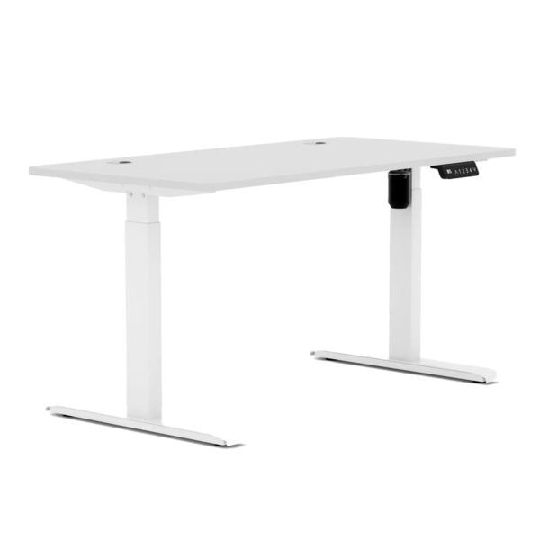Yüksek ayarlanabilen ayaklı beyaz çalışma masası, ergonomik ofis ve ev kullanımı için ideal, dayanıklı ve modern tasarım, kablo yönetimi ile temiz ve düzenli çalışma alanı sağlar.