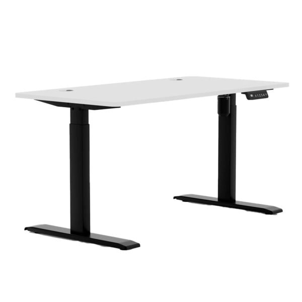 Ofis kullanımına uygun elektrikli çalışma masası, ayarlanabilir yüksekliği ve modern tasarımıyla ergonomik çalışma ortamı sağlar. Siyah ayak yapısı ve beyaz masa yüzeyi ile şık görünüm sunar.