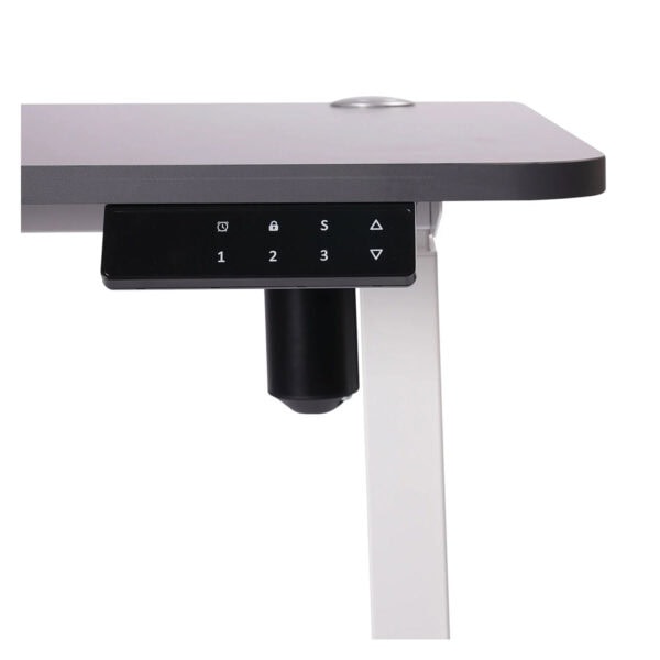 Yüksekliği ayarlanabilen elektrikli çalışma masası kontrol paneli ve tableti ile ofis ve ev kullanımı için modern tasarım. Rahat çalışma ortamı sağlayan ergonomik masa düzeni.