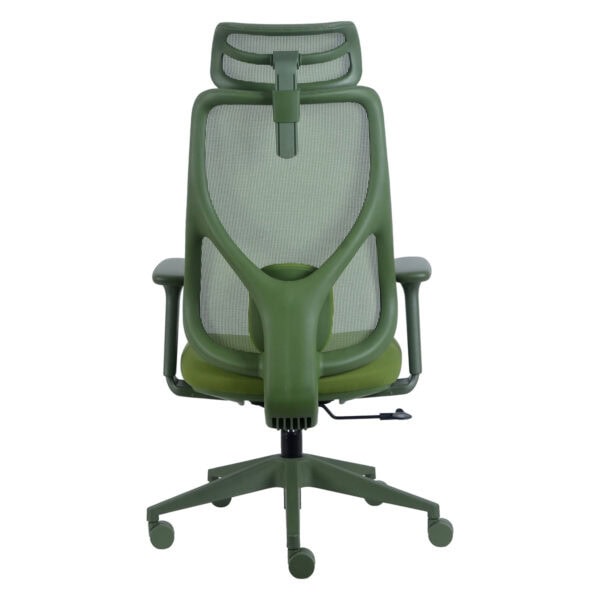 Yeşil ofis sandalyesi, ergonomik ve nefes alabilen sırt desteği ile konforlu çalışma ortamı sağlar. Ayarlanabilir başlık ve döner tekerlekli uygun tasarım.