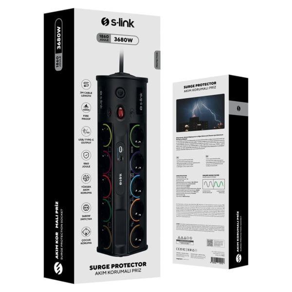 S Link Prz01 Prizhive 3m 1860 Joule 1 5mm 1 Usb 1 Typec 2 1a 5v 16a 250v 3680w 10lu Akim Korumali Priz Siyah 7