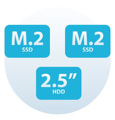 Yüksek hızlı M.2 SSD ve 2.5 inç HDD depolama destekli dizüstü bilgisayarlar için ideal; yüksek performans ve geniş depolama alanı sağlar.