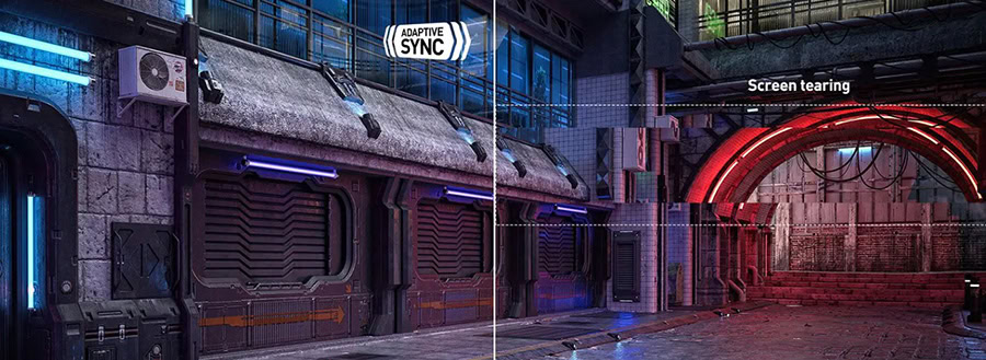 Yüksek teknolojili bilgisayar ekranı yenileme teknolojisi ve ekran yırtılma önleme özelliği gösteriliyor. Modern, yakın çekim şehir ortamında, neon ışıklar ve detaylı yapı ile stüdyo ortamında hazırlanmış bilgisayar ve ekran görüntüsü.