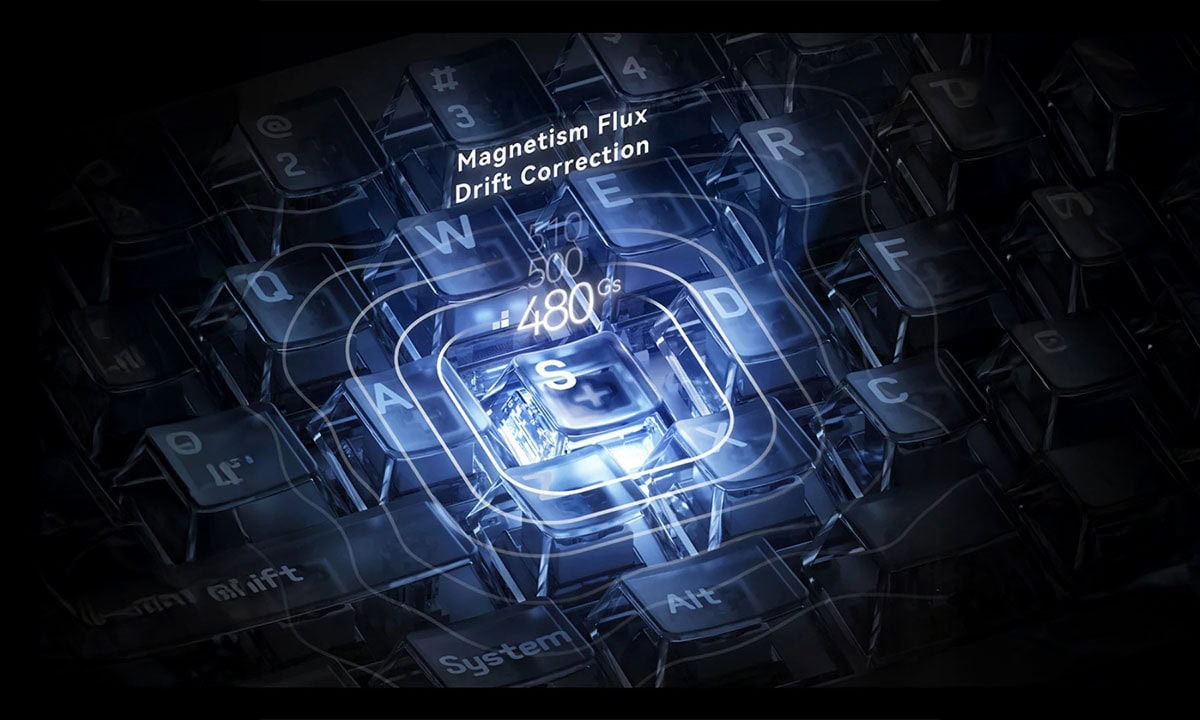 Yüksek teknolojili bilgisayar klavyesi ve dijital gösterge ile manyetizma ve yoğunluk ayarları grafiksel tasarım. Siyah ve mavi tonlarda, odak noktası orta kısımda bulunan RGB klavye ve gelişmiş dijital arayüz.