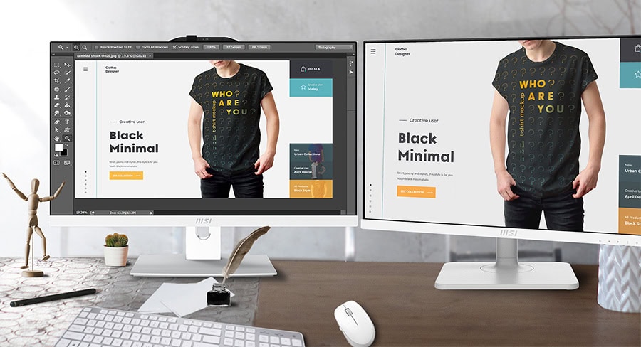 Yüksek çözünürlüklü iki monitörle tasarım yapan kullanıcı, profesyonel grafik ve dijital tasarım çalışmaları gerçekleştiriyor, modern ve sade ofis ortamı.