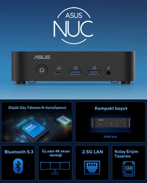 ASUS NUC mini bilgisayar, yüksek performanslı ve kompakt boyutta, Bluetooth 5.3 ve 2.5G LAN özellikleriyle ofis ve ev kullanımı için ideal.