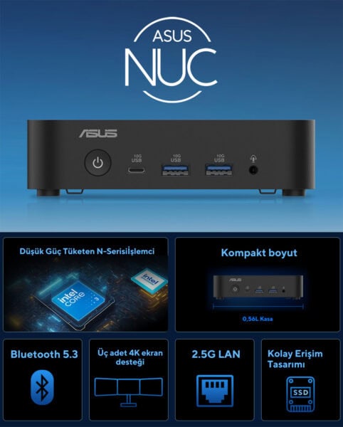 ASUS NUC mini bilgisayar, kompakt boyut, Bluetooth 5.3, 2.5G LAN ve üç adet 4K ekran desteği ile yüksek performans ve bağlantı seçenekleri sunar.