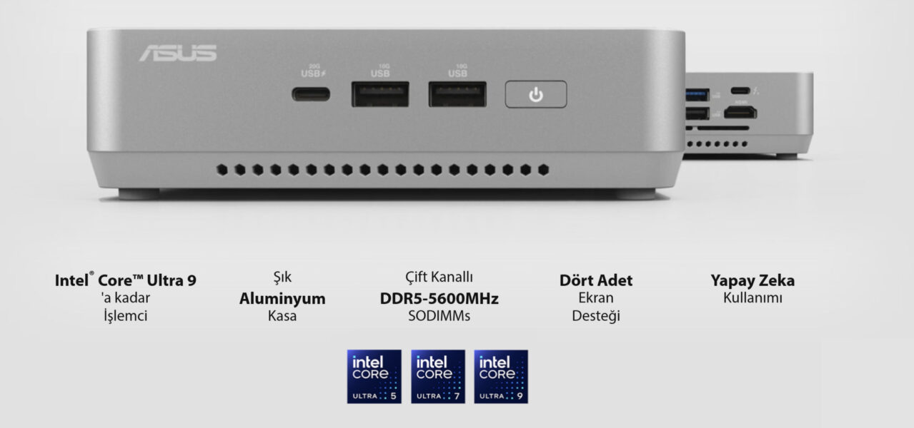 Yüksek performanslı ASUS mini PC, Intel Core™ Ultra 9 işlemci, alüminyum kasa ve dört ekran desteği ile gelişmiş bilgisayar teknolojisi sunar.
