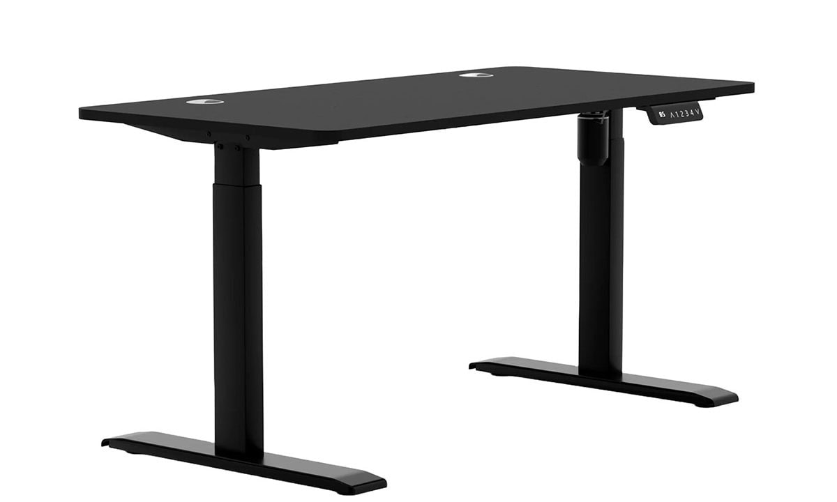 Ayarlanabilir yükseklikli siyah çalışma masası, ofis ve ev kullanımı için ergonomik ve modern tasarım.