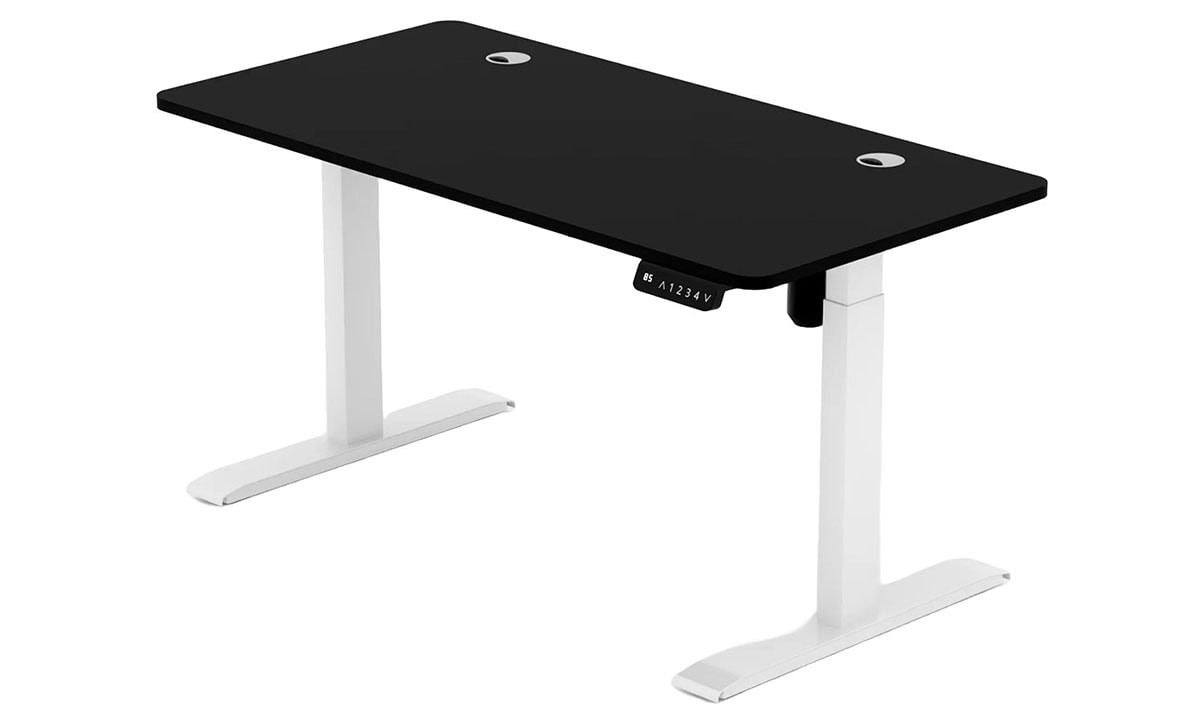 Çalışma masası, modern tasarım, ayarlanabilir yükseklik, ergonomik ofis mobilyası, beyaz ve siyah renk, laptop ve bilgisayar kullanımı için ideal.