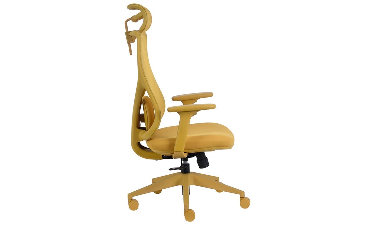 Sarı ofis ergonomik çalışma sandalyesi, ayarlanabilir sırt desteği ve konforlu oturma yüzeyi ile modern ofis mobilyası.