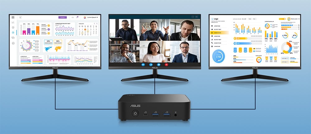 çok monitörlü iş istasyonu kurulumu, toplantı ve ofis kullanımı için dizüstü ve masaüstü bilgisayar bağlantısı, yüksek çözünürlüklü ekranlar, video konferans ve veri görselleştirme amaçlı ofis teknolojisi.